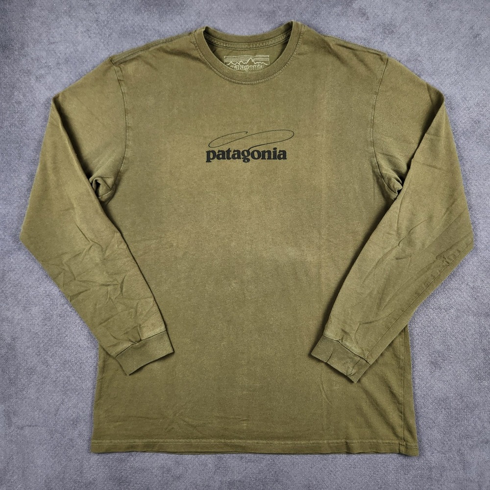 Patagonia Shirt Mens Large Green Fly Fishing Casting Logo Rare Long Sleeve USA